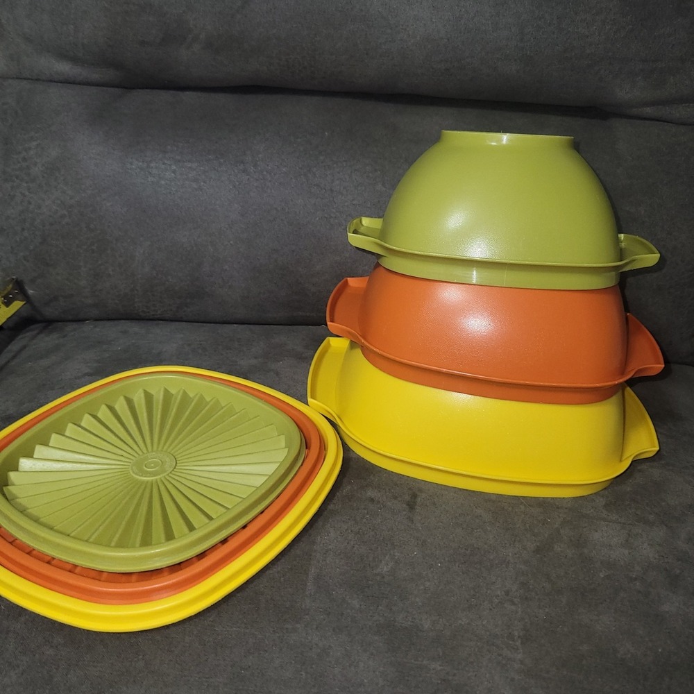 3 Tupperware Servalier Bowl Harvest Yellow Orange Green 836 838 840 Nesting Set